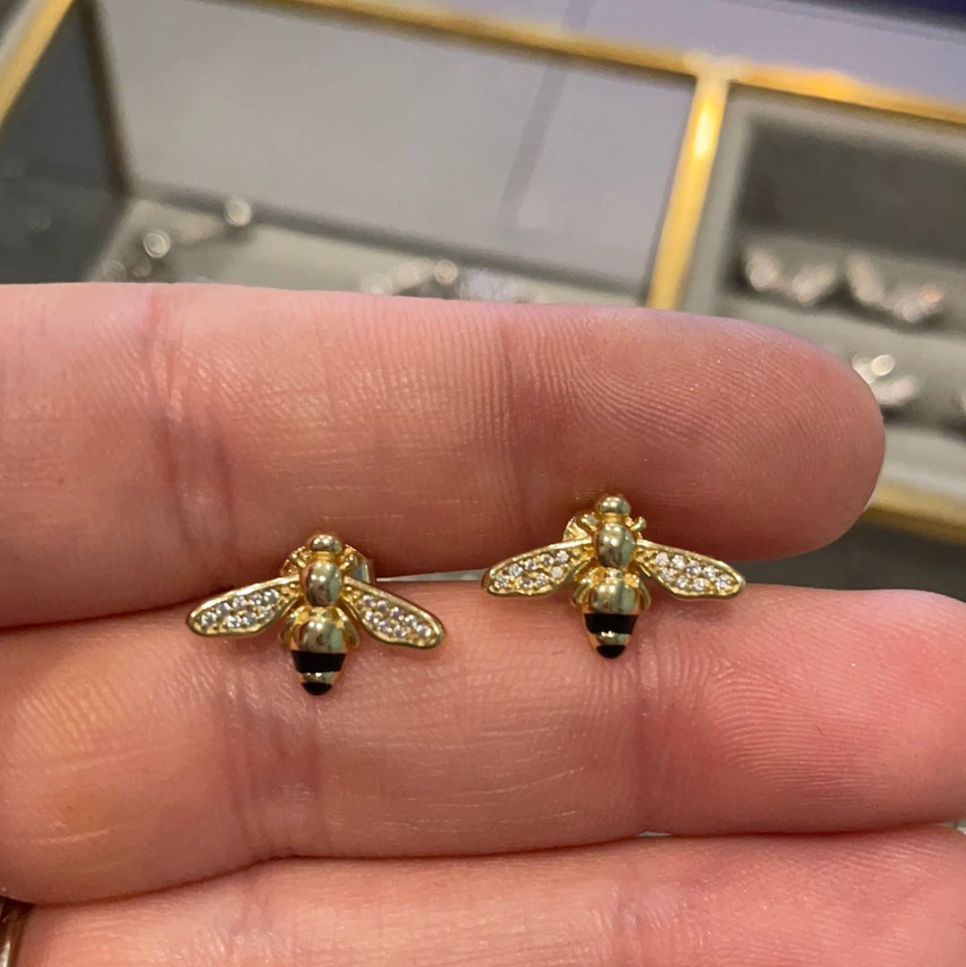 Brand New Sterling Silver Gold Plated Pave Bee Earrings Beautiful CHOICE OF TWO