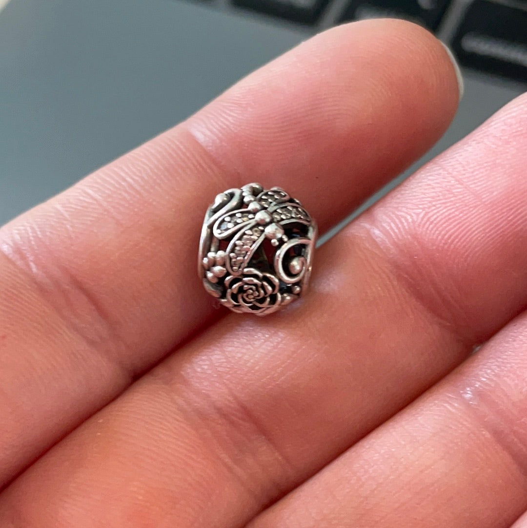 Genuine Pandora Openwork Pave Dragonfly and Flowers Ball