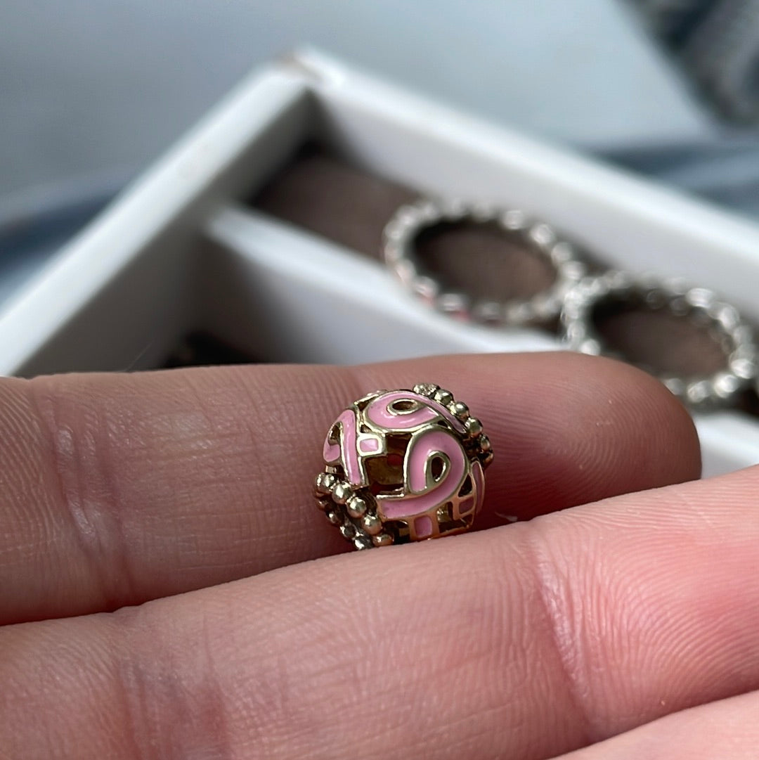 Genuine Pandora Solid 14ct Gold Breast Cancer Enamel Pink Openwork Charm HTF