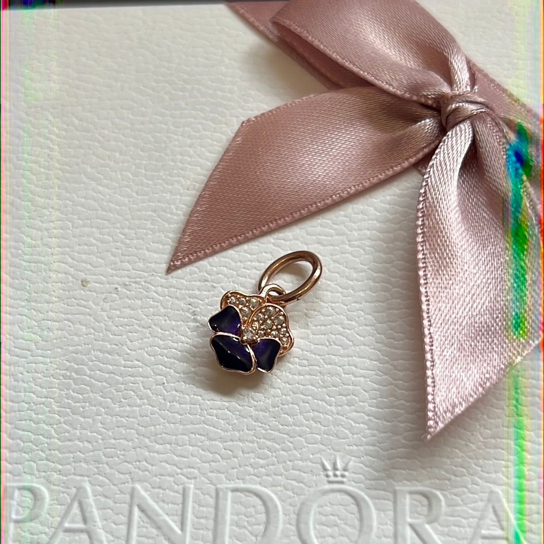 Genuine Pandora Rose Gold Pave Purple Pansy Flower Dangle Charm