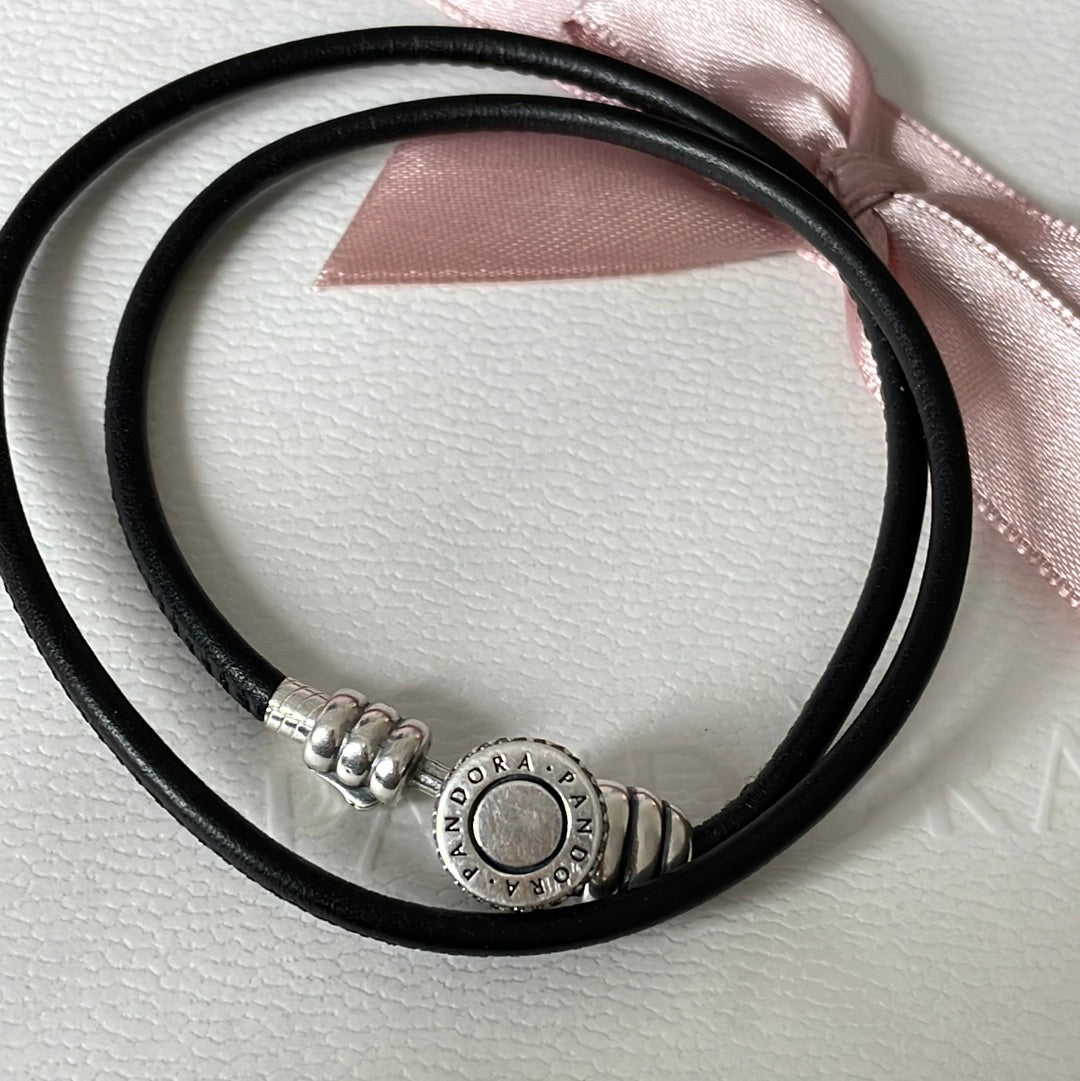 Genuine Pandora Black Double Wrap Leather Bracelet New Style Pave Hook and Loop Style