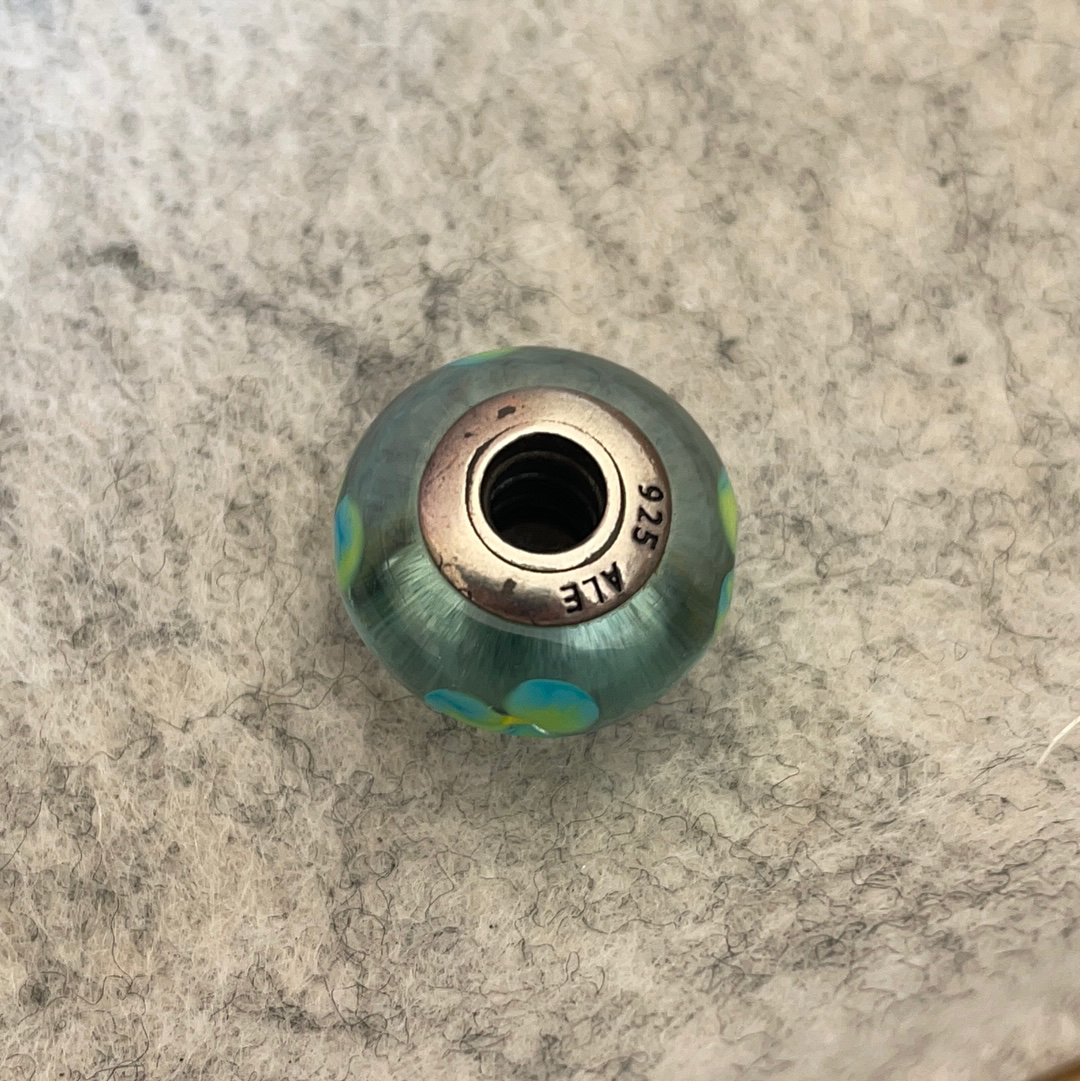 Genuine Pandora Green and Light Pale Green Flowers Murano Glass Charm