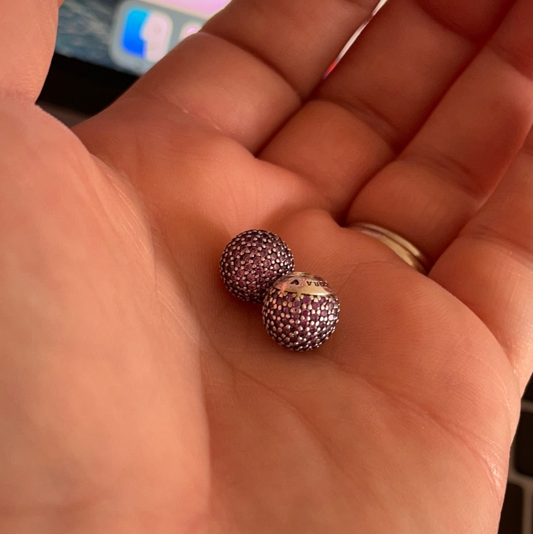 Genuine Pandora Pave Purple/ Clear Bangle Ends Caps Balls Screw On For Torque Bangle