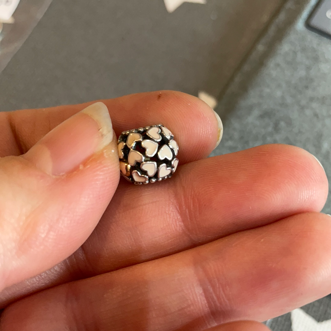 Genuine Pandora Pink Enamel Heart Two Tone Openwork Charm