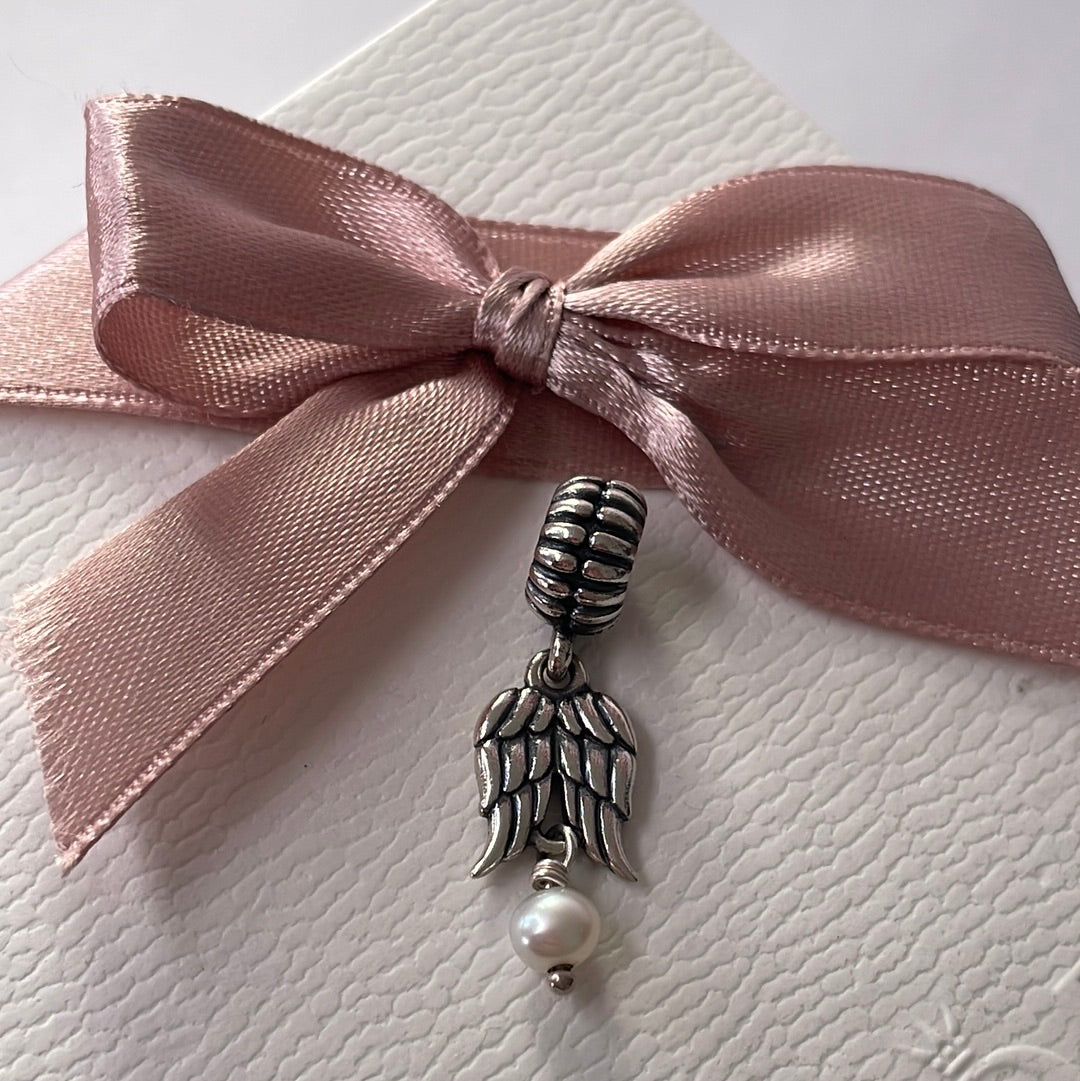 Genuine Pandora Angel Wing Charm Feathers Pearl Dangle