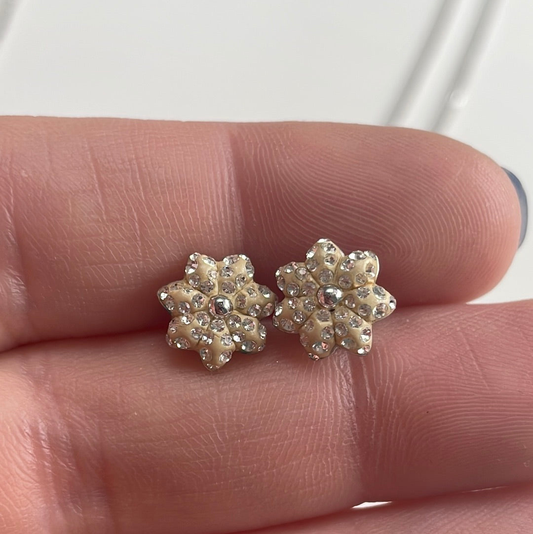 Genuine Swarovski Pave Crystal Cream Flower Poinsettia Stud Earrings