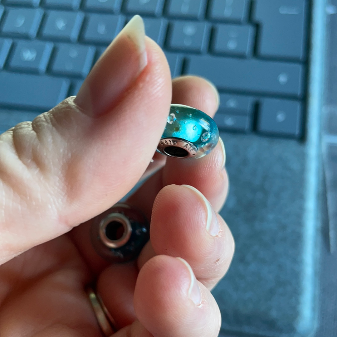 Pandora (?) PLEASE READ Faceted Murano Blue Turquoise With Bubbles Charm x2