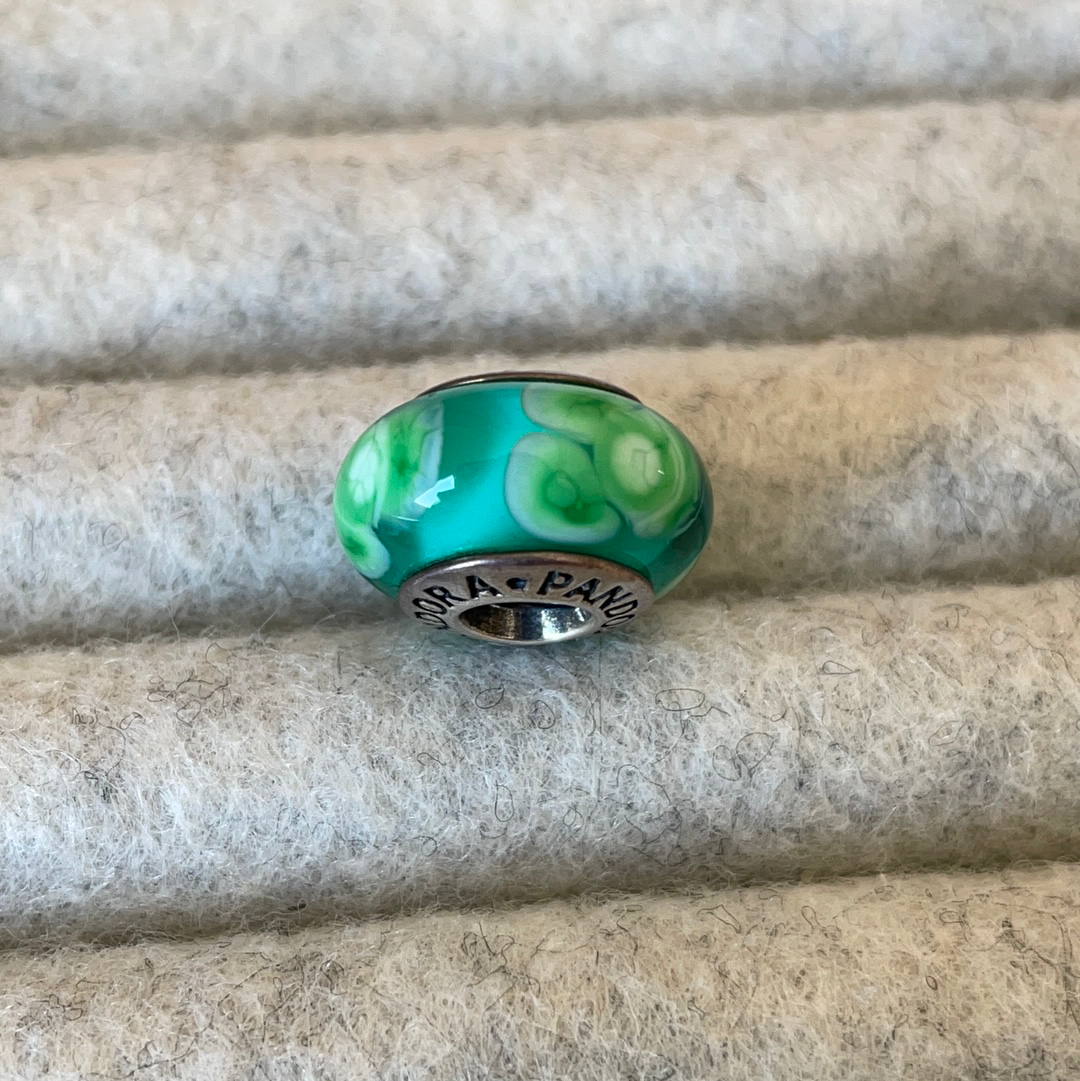 Genuine Pandora Green and Light Pale Green Flowers Murano Glass Charm