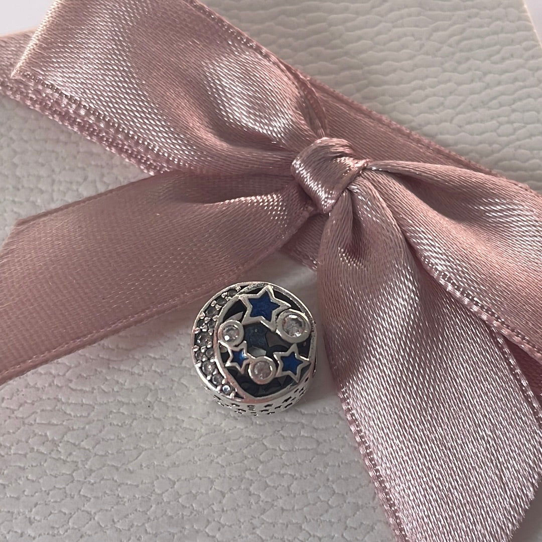 Genuine Pandora Moon Pave Moon and Blue Stars Openwork Celestial Charm