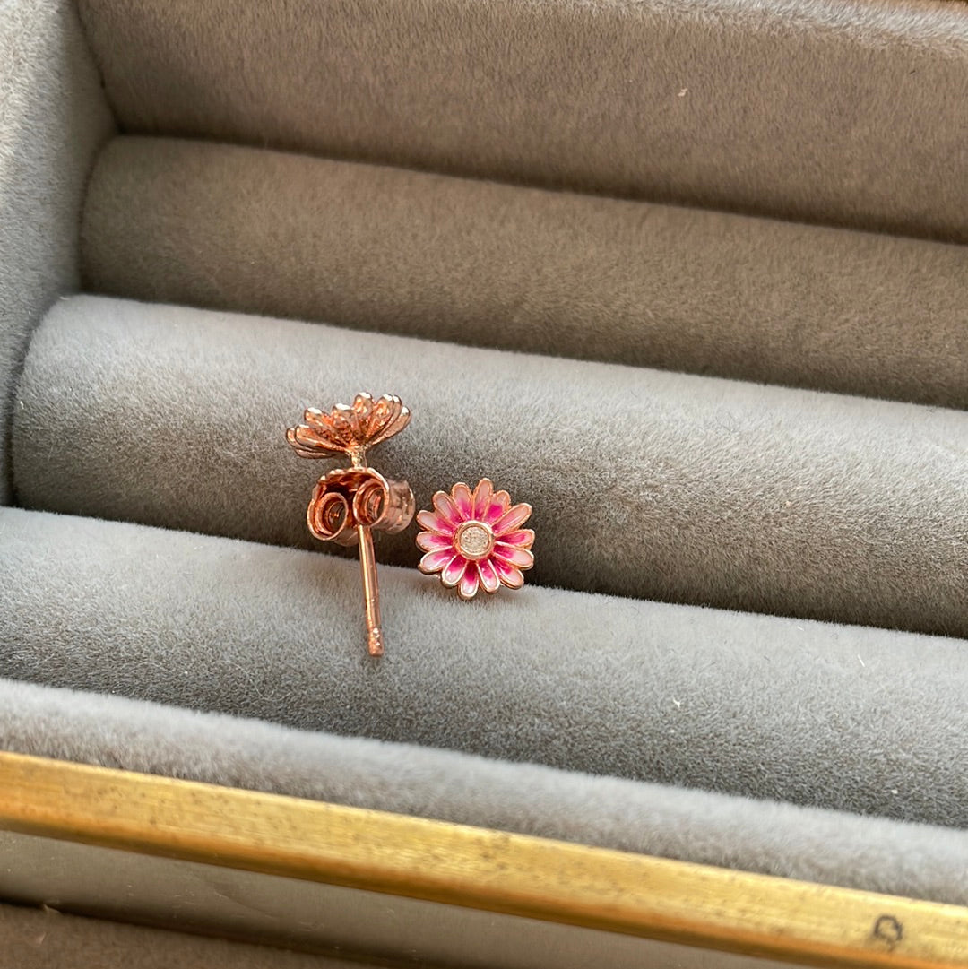 Genuine Pandora Rose Gold Pink Enamel Flower Daisy Stud Earrings
