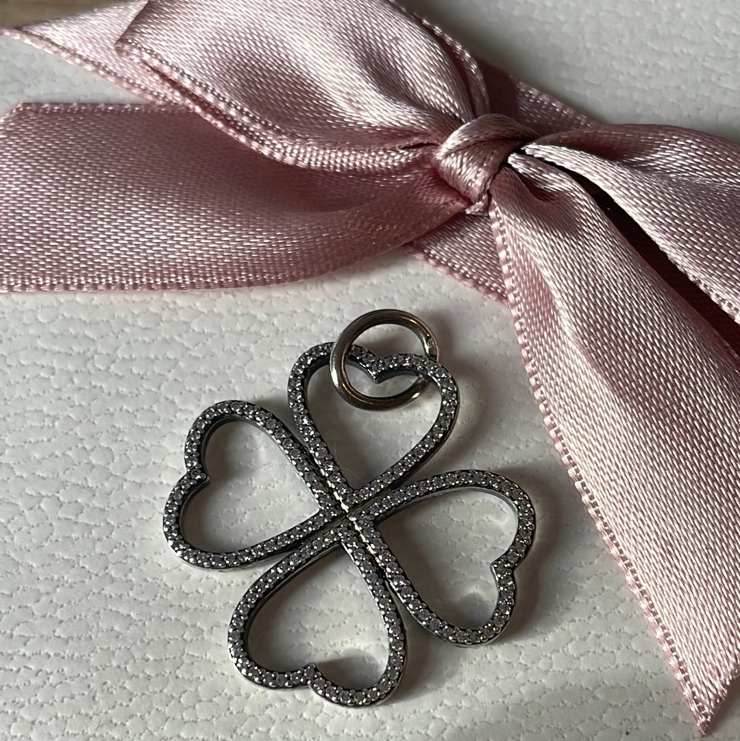 Genuine Pandora Pave Heart Clover Flower Pendant With Long Chain