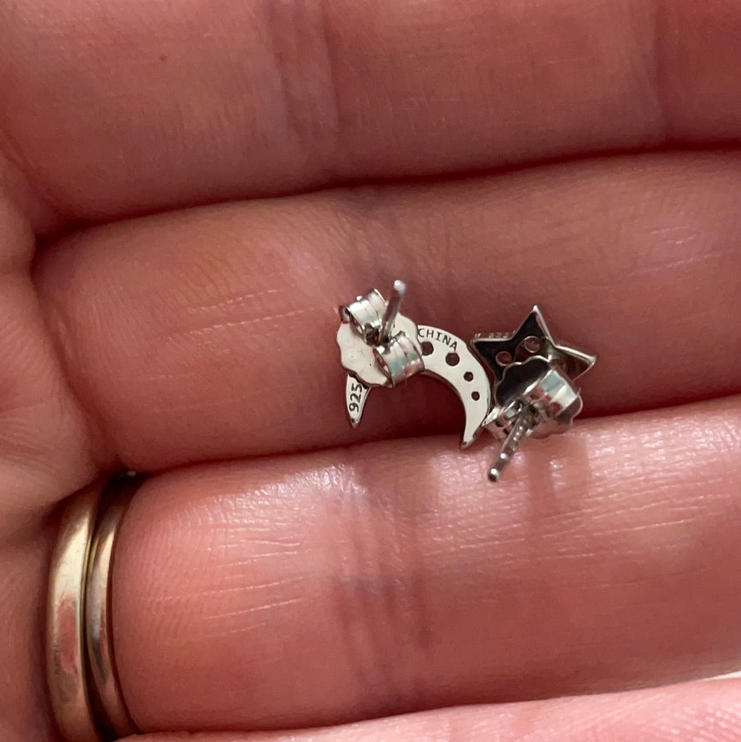 Brand New Pave CZ Star and Moon Earrings Studs Mismatched Set