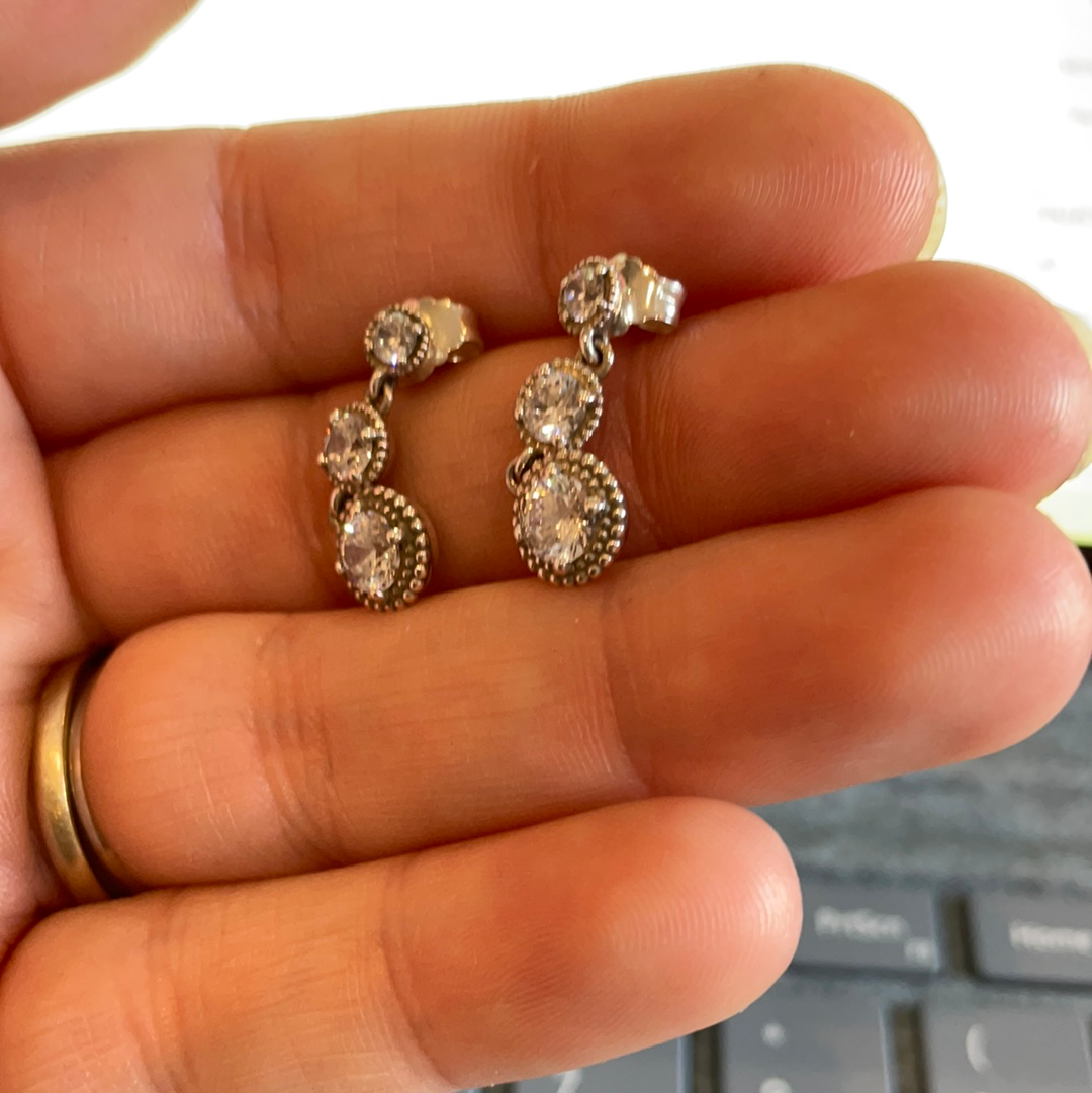 Genuine Pandora Vintage Elegance Pave Three CZ Dangle Earrings STUNNING