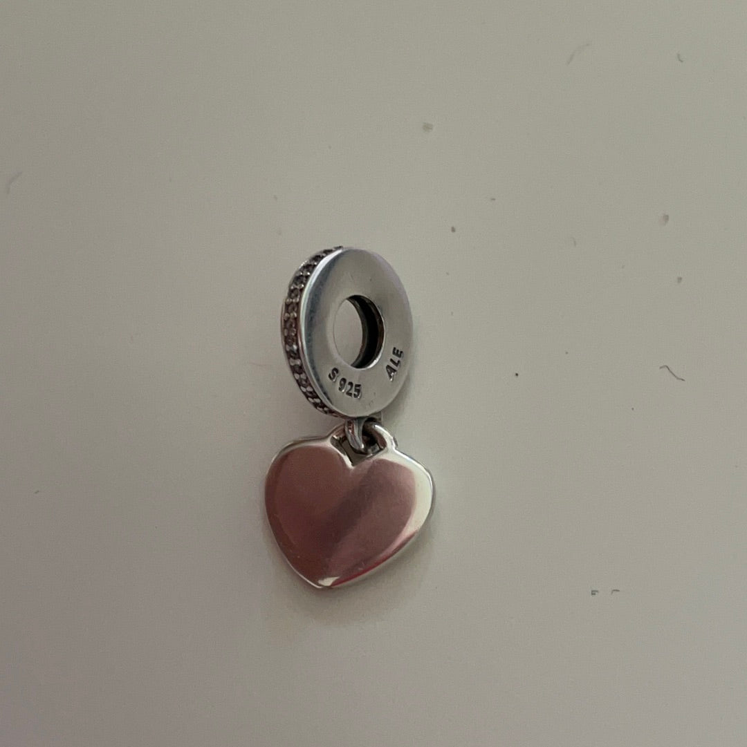 Genuine Pandora Brand New Plain Dangle Heart Charm With Pave Holder (Ready for Inscribing)