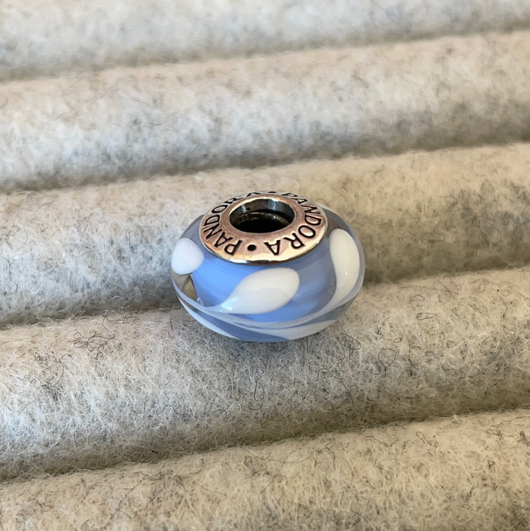 Genuine Pandora Baby Blue Glass Murano Charm With White Paint Swirl