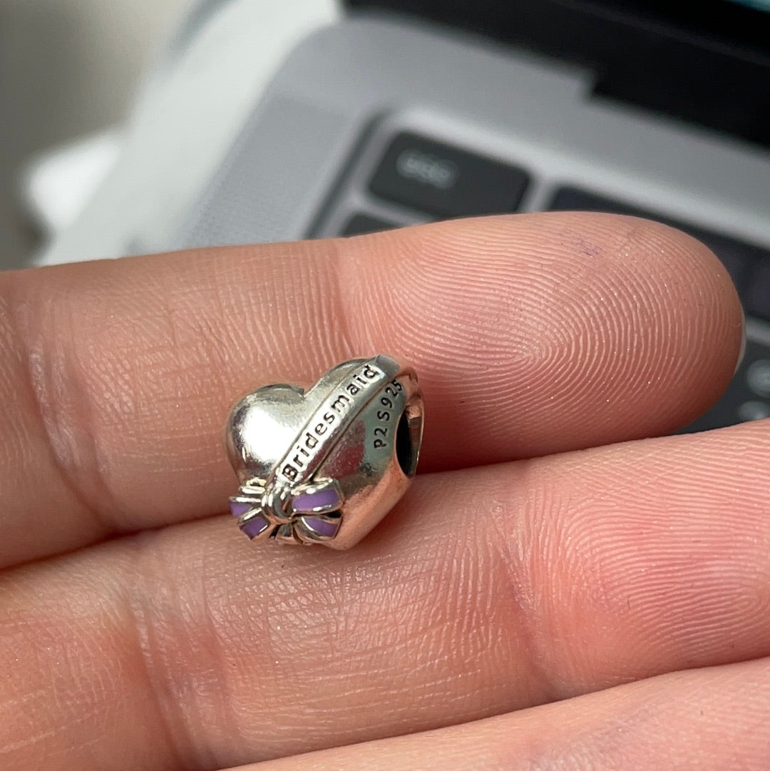 Genuine Pandora Purple Enamel 'Bridesmaid' Bow Heart Charm