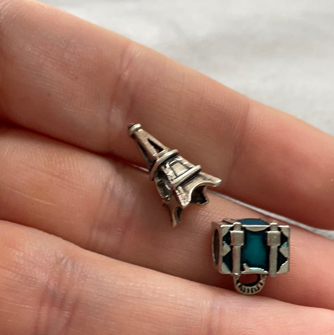 Unbranded Sterling Silver Travel Charms Eiffel Tower Paris France and Blue Enamel Suitcase