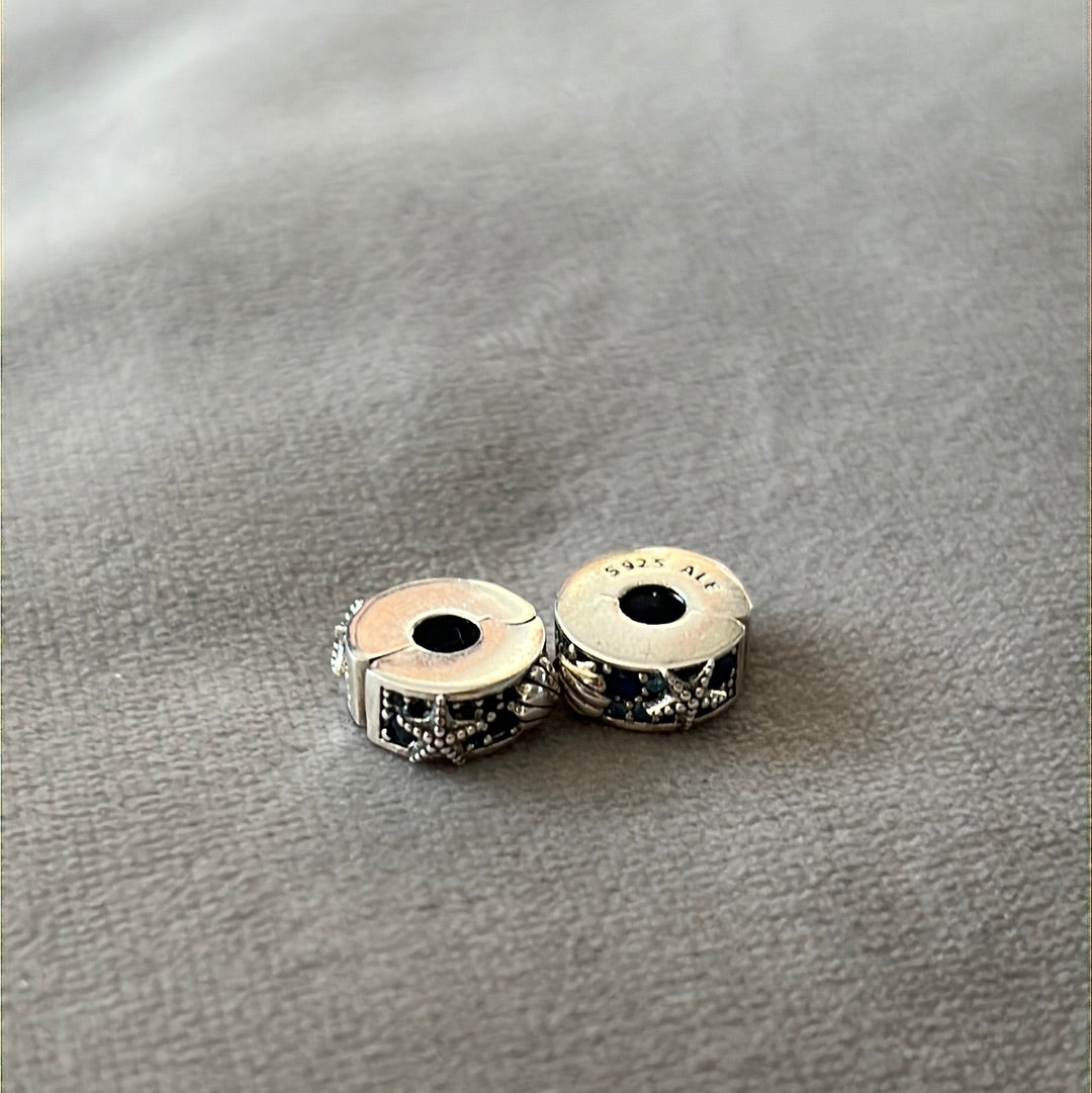 Genuine Pandora Single Pave Clear and Navy Blue Starfish Shell Summer Silicone Insert Clip