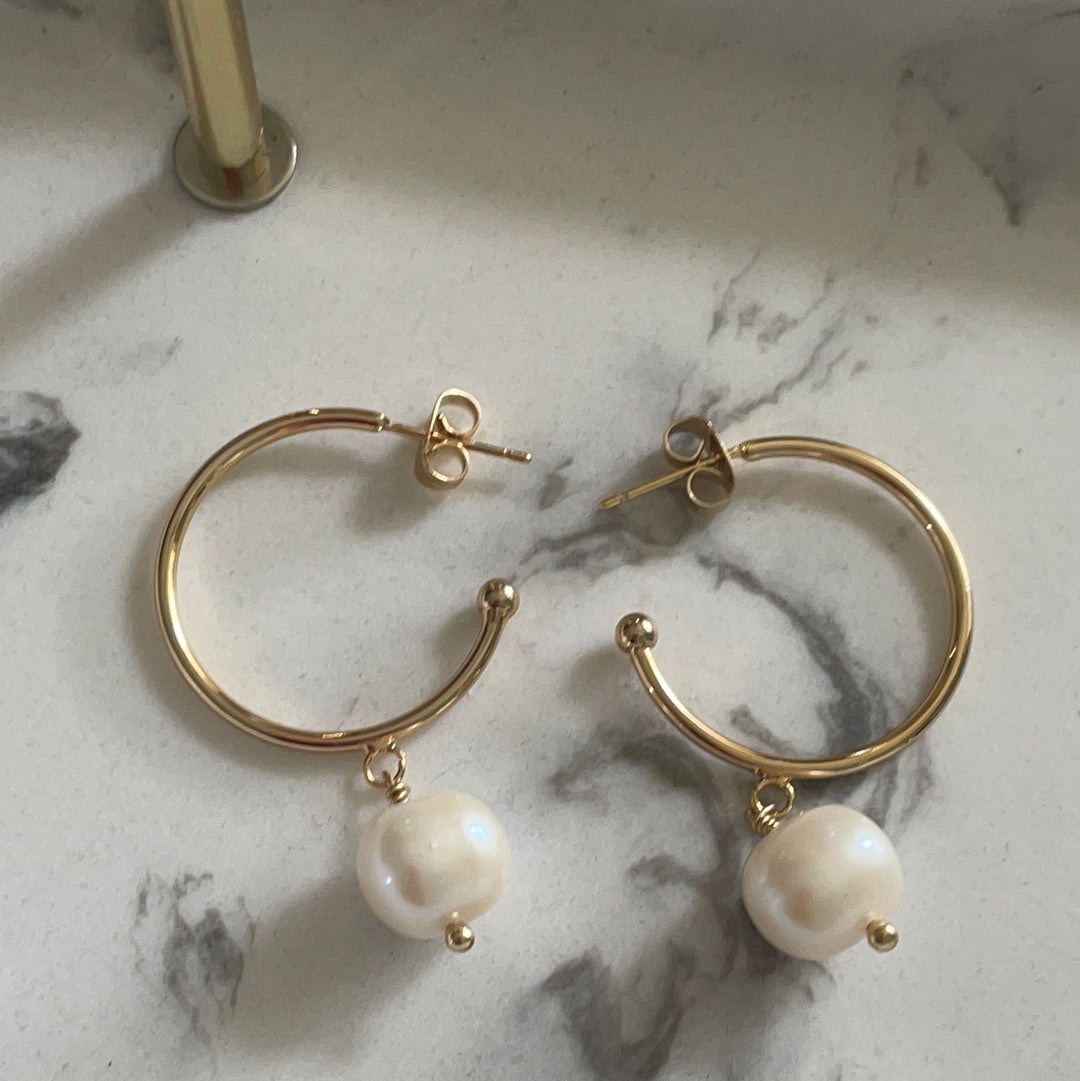 Brand New 14kt Gold Plated Brass Medium Sized Hoop Earrings with Freshwater Pearl Dangle