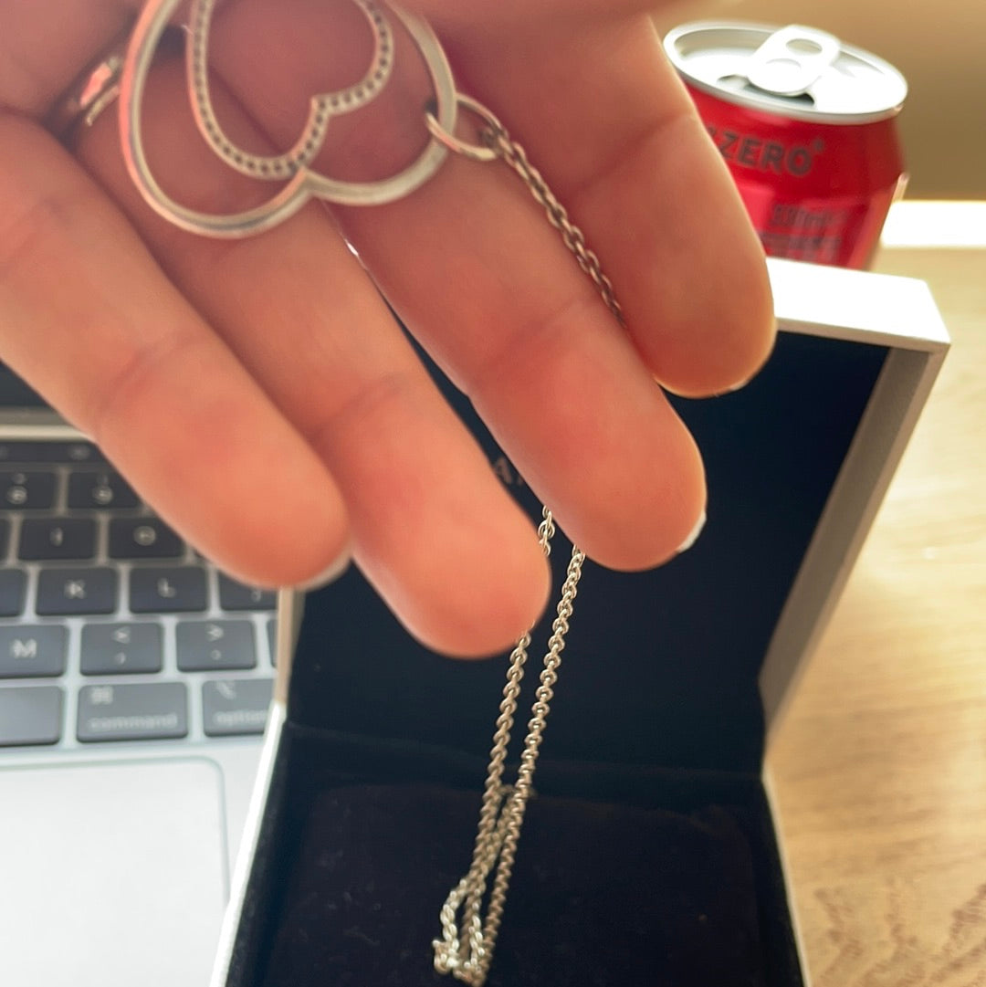 Genuine Pandora Pave Double Heart to Heart Necklace 45cm