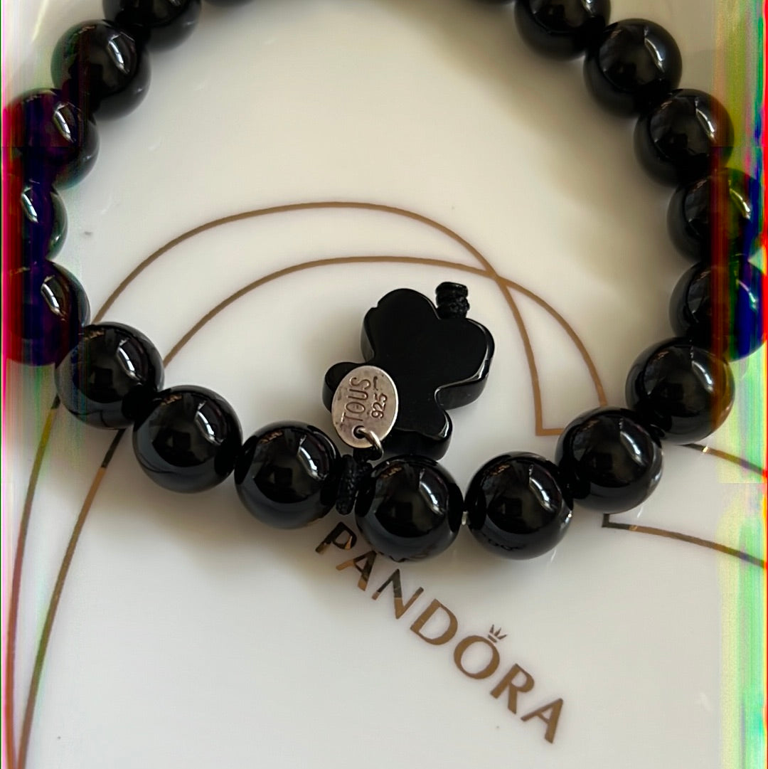 Genuine TOUS Onyx Beaded Bracelet with Black Bear Dangle Medium