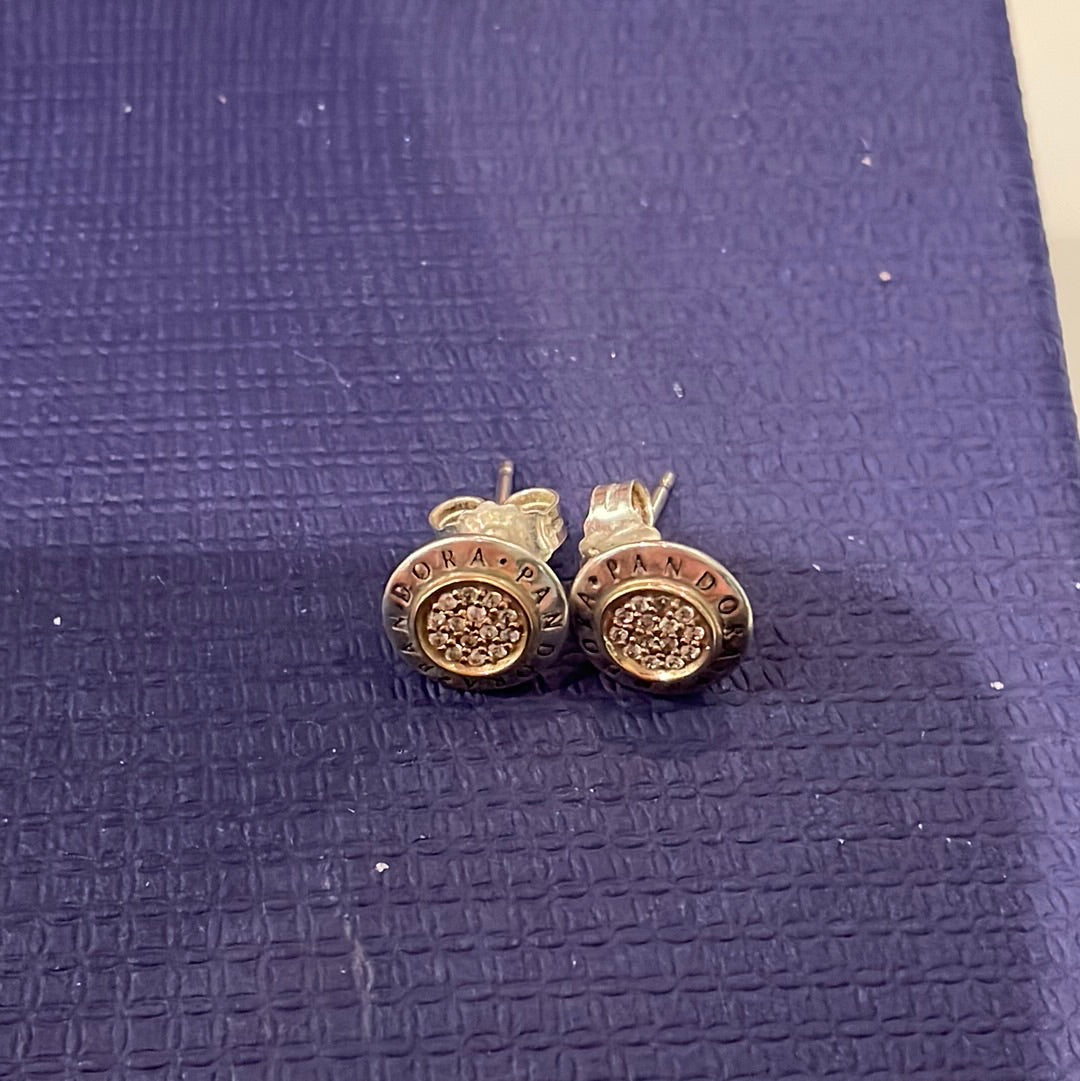 Genuine Pandora Two Tone Pave Pandora Logo Stud Earrings