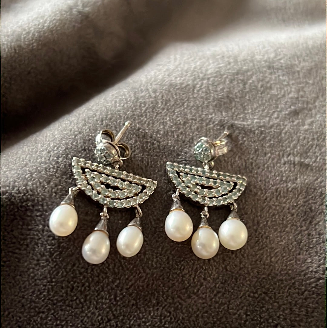 Sterling Silver Pave Abstract Pearl Dangle Earrings
