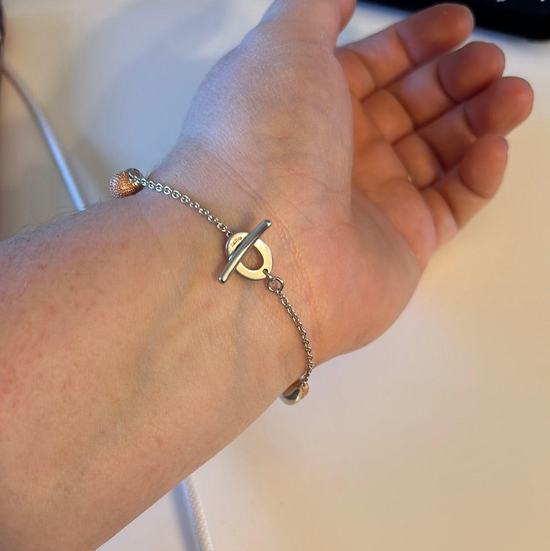 Genuine Links of London Sterling Silver T-Bar Bracelet With Half Rose Gold and Half Silver Hearts