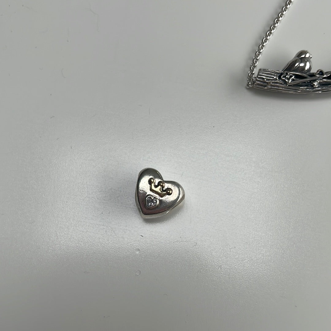 Genuine Pandora Two Tone Queen King Crown Cz Heart Charm