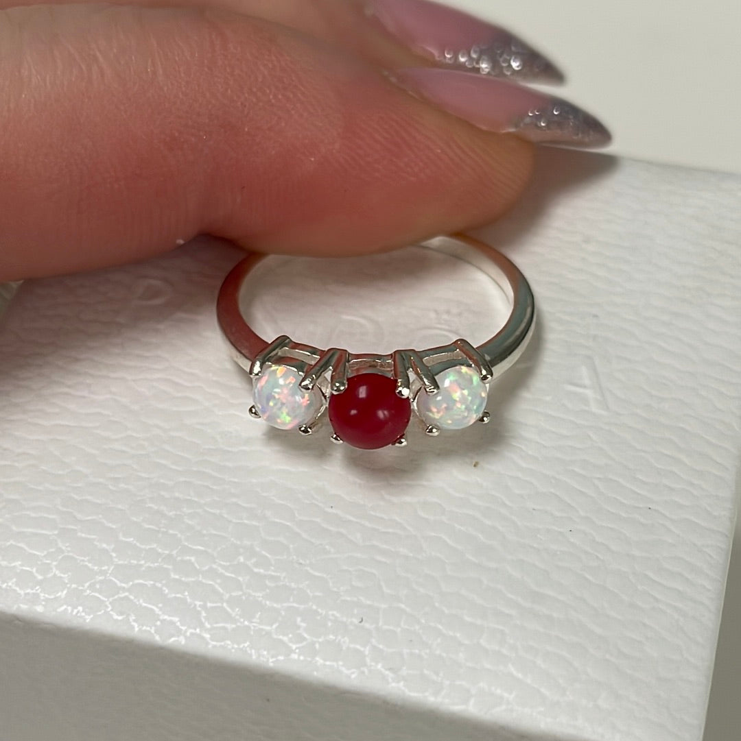 Sterling Silver Ring With 2 x Opal Stones and Red Stone Size 54