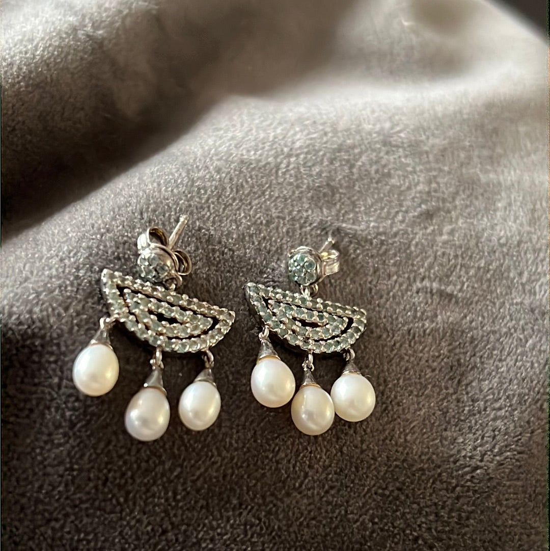 Sterling Silver Pave Abstract Pearl Dangle Earrings