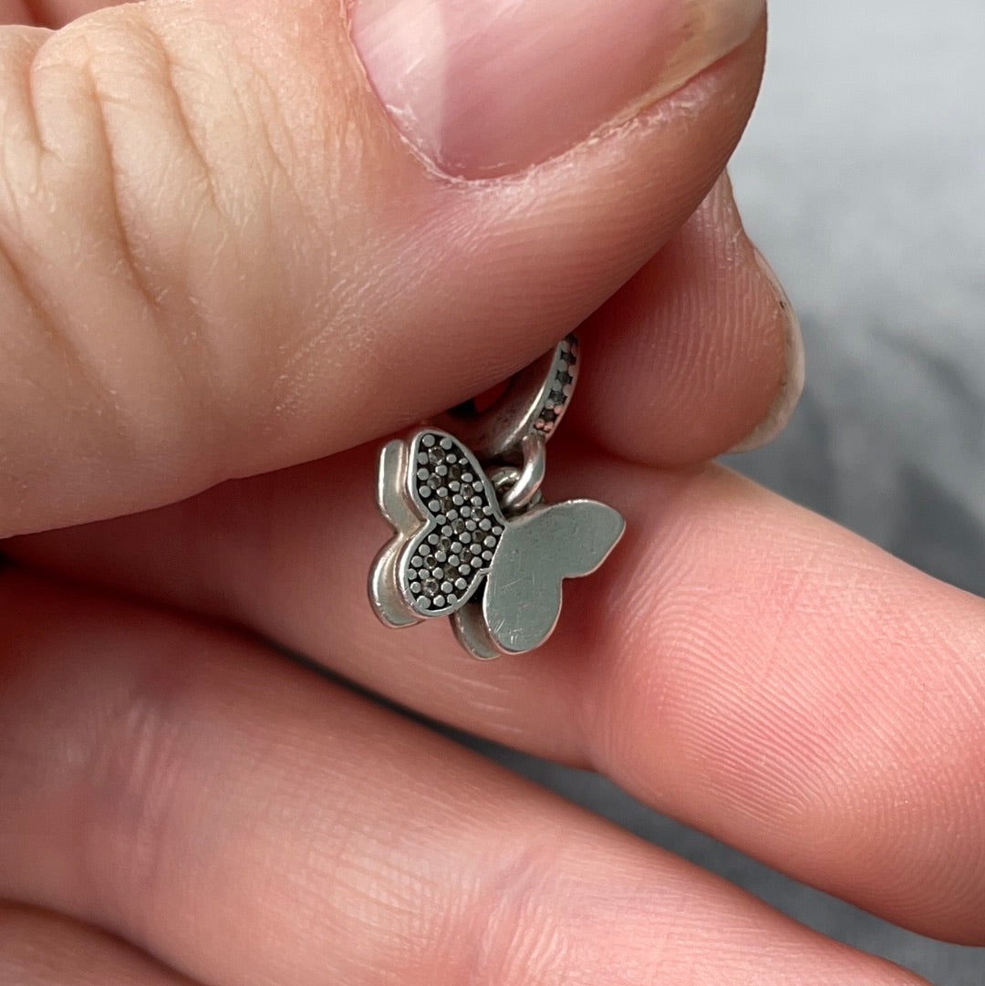 Genuine Pandora Butterfly Pave Double Dangle Charm With 'Just Because' inscribed