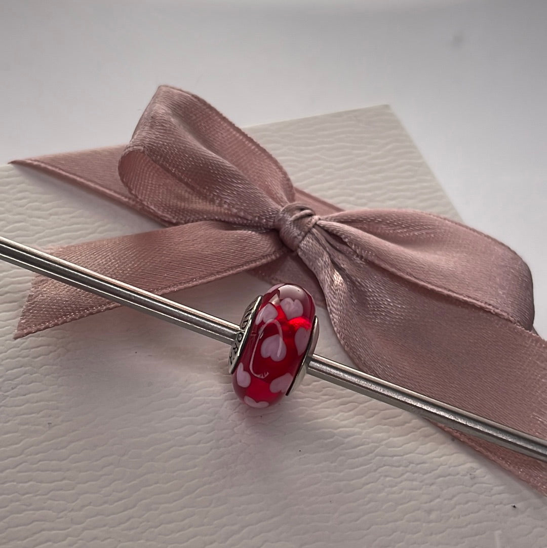 Genuine Pandora Light Pink Hearts on a Red Background Murano Charm