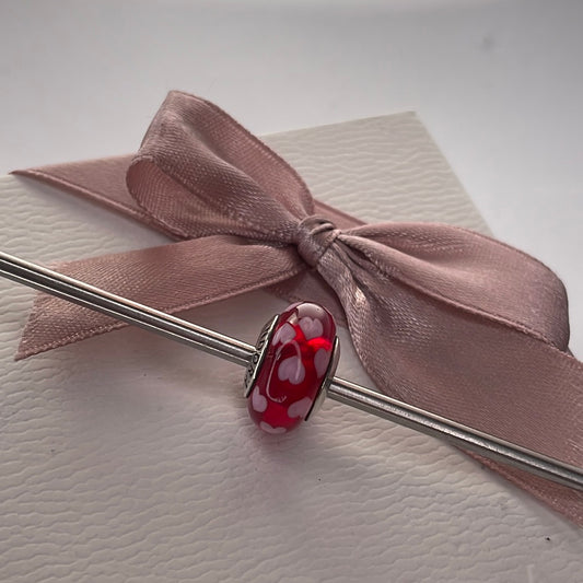 Genuine Pandora Light Pink Hearts on a Red Background Murano Charm