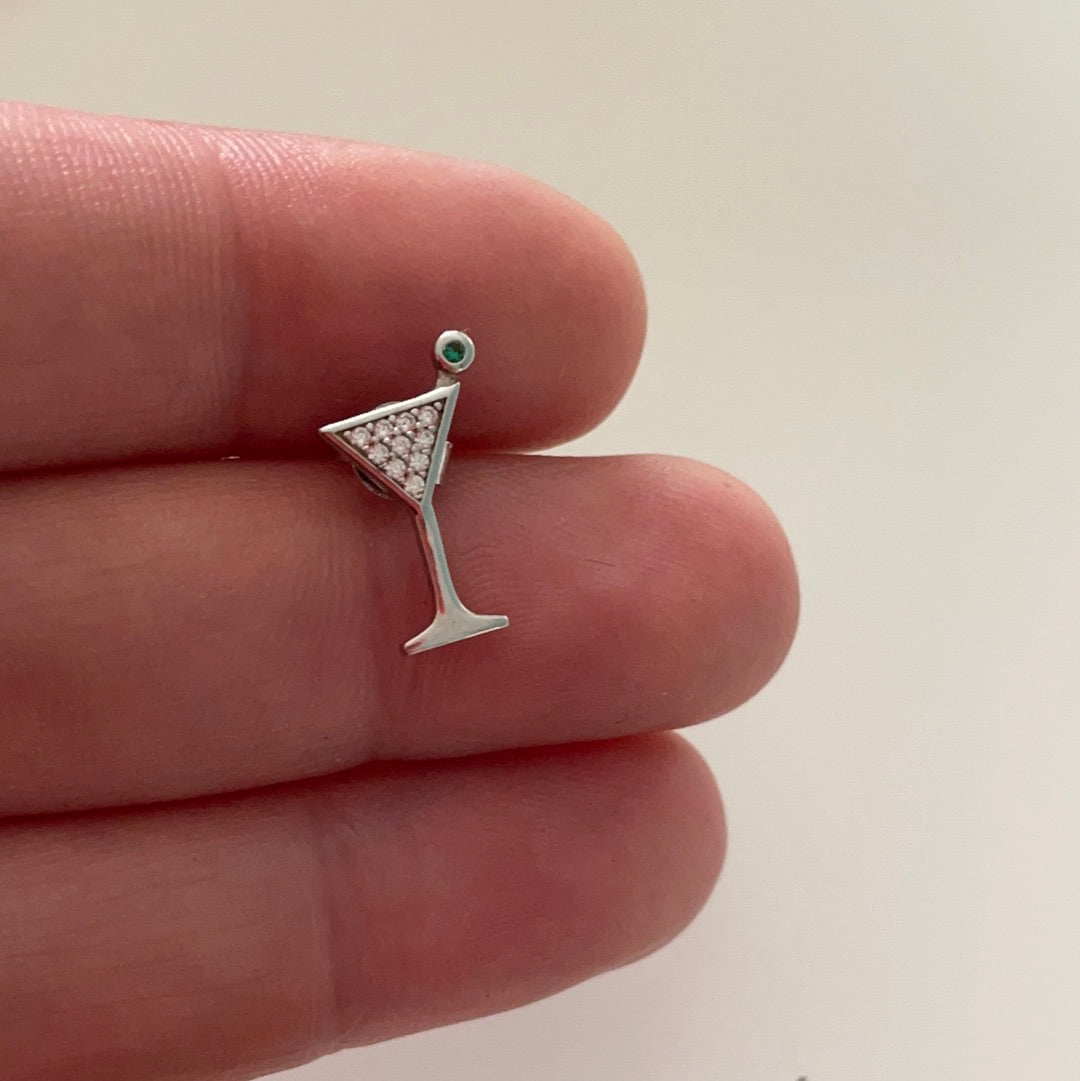 Brand New Pave CZ Martini Glass With Olive Earrings Studs