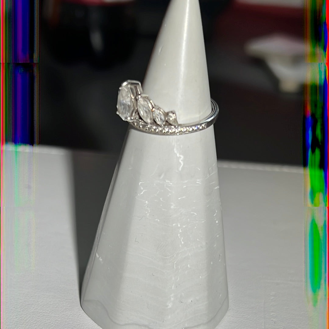 Sterling Silver Pave Line Clear CZ & Marquis Teardrop Stone Ring Size 56