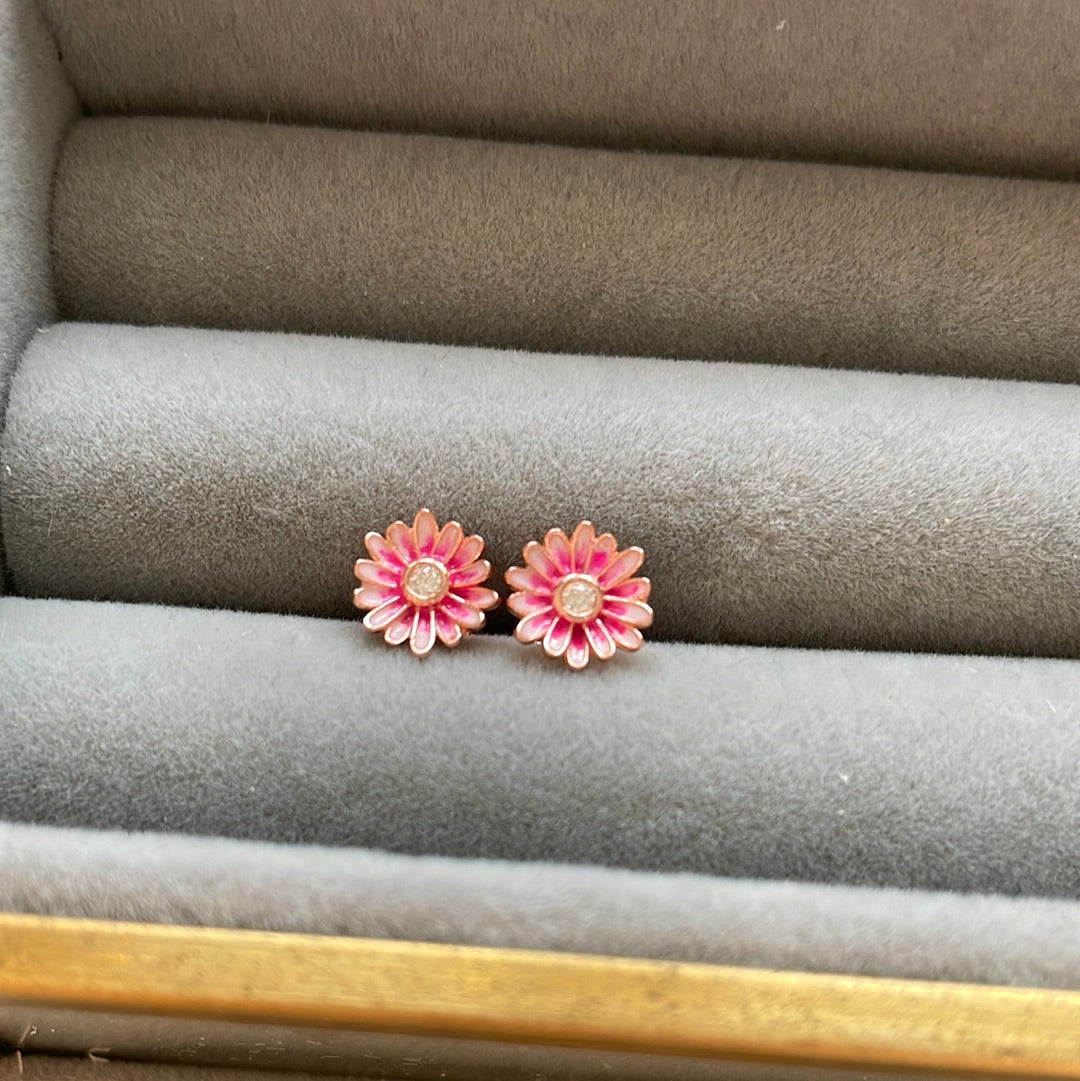 Genuine Pandora Rose Gold Pink Enamel Flower Daisy Stud Earrings