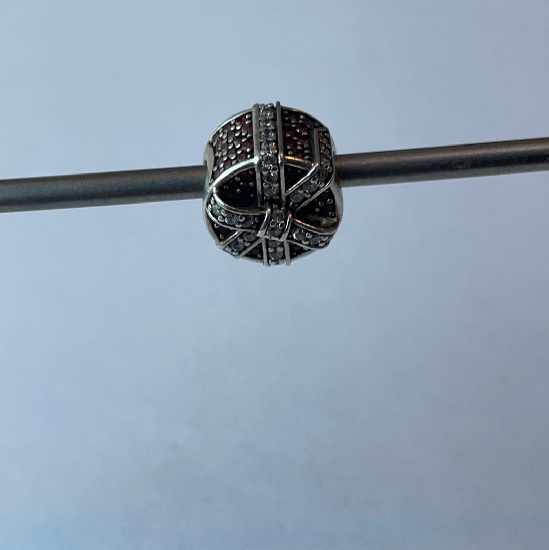 Genuine Pandora Circle Shaped Present Pave Bow Charm In Pink