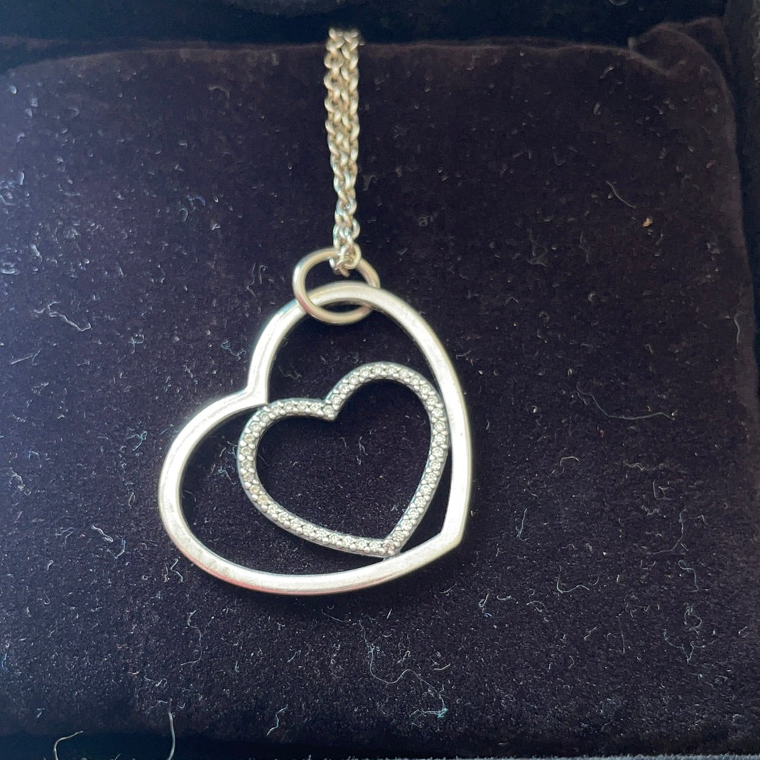Genuine Pandora Pave Double Heart to Heart Necklace 45cm