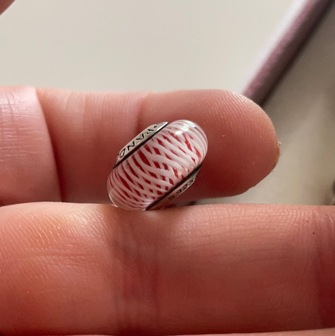 Genuine Pandora Red Sparkle Background With White String Criss Cross Stripe Murano Glass Charm