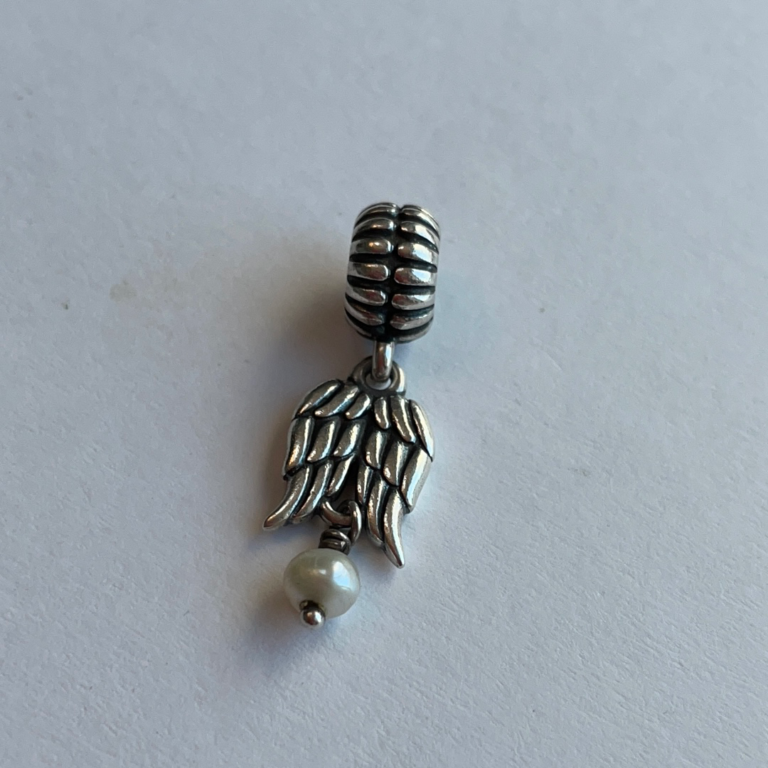 Genuine Pandora Angel Wing Charm Feathers Pearl Dangle