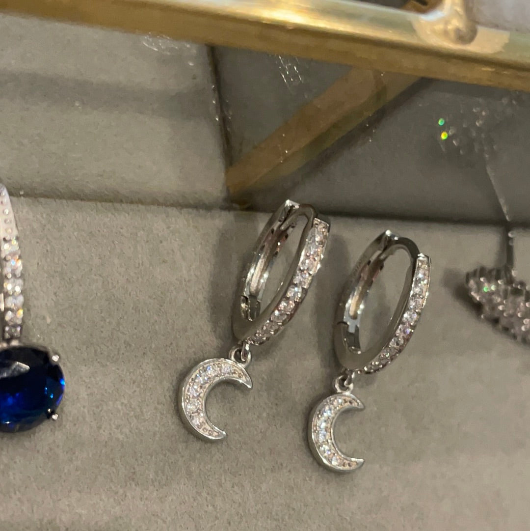 Brand New Sterling Silver Beautiful Clear Pave Crescent Moon Dangle Earrings