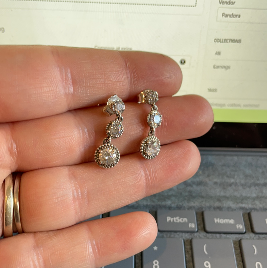 Genuine Pandora Vintage Elegance Pave Three CZ Dangle Earrings STUNNING