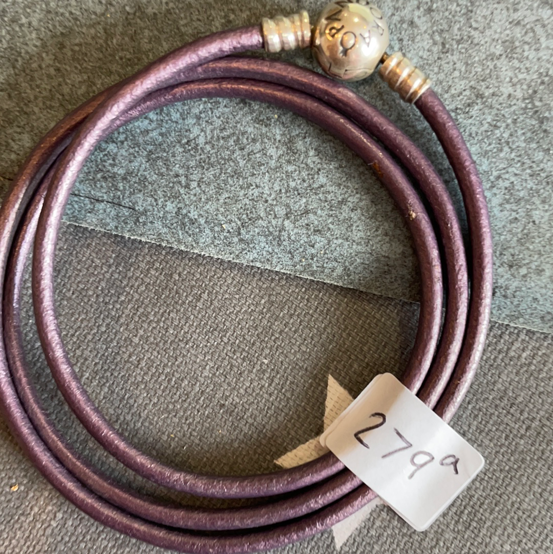 Genuine Pandora Purple Leather Triple Wrap Around Bracelet