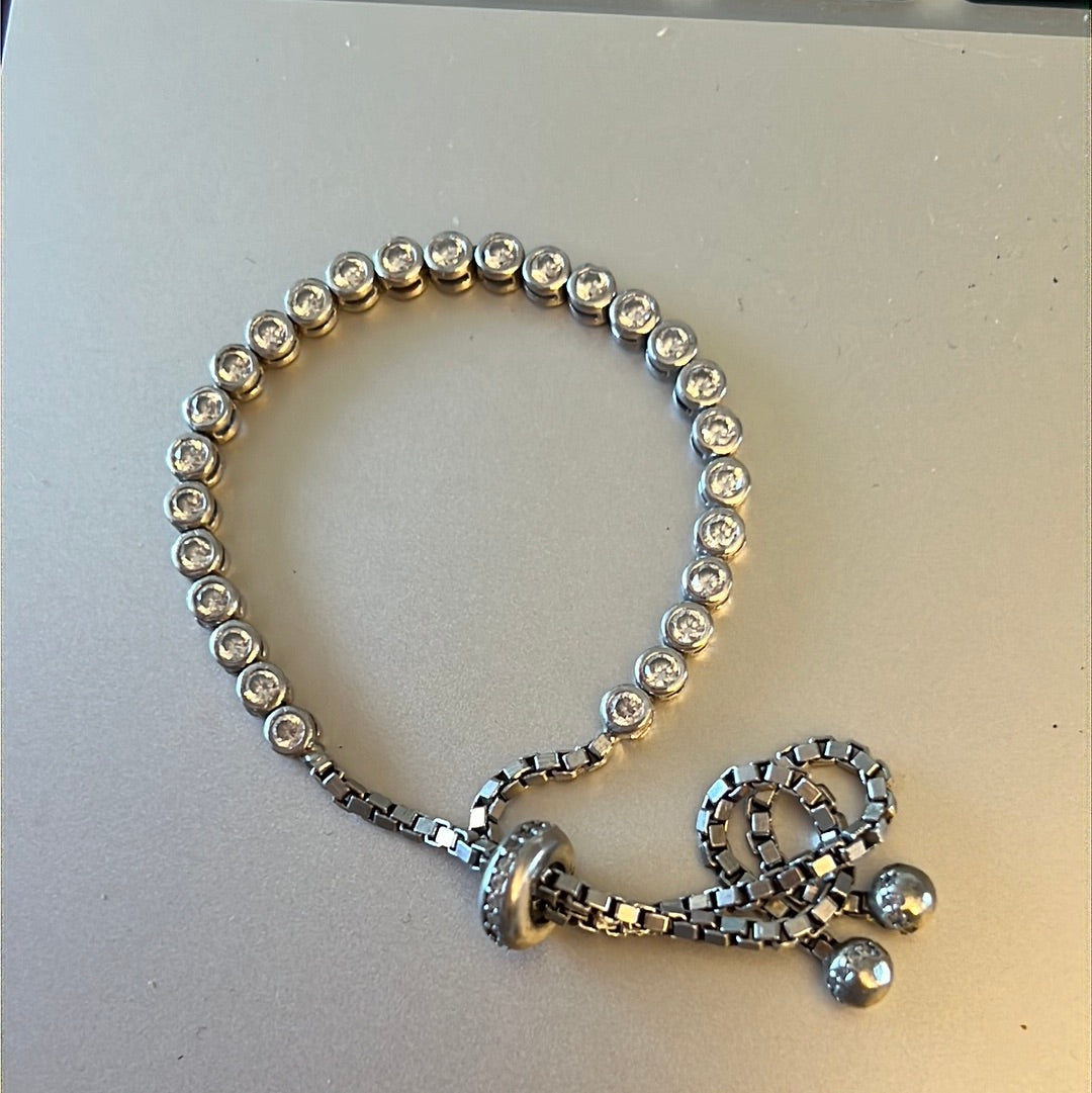 Sterling Silver Circle Pave CZ Slider Bracelet Adjustable