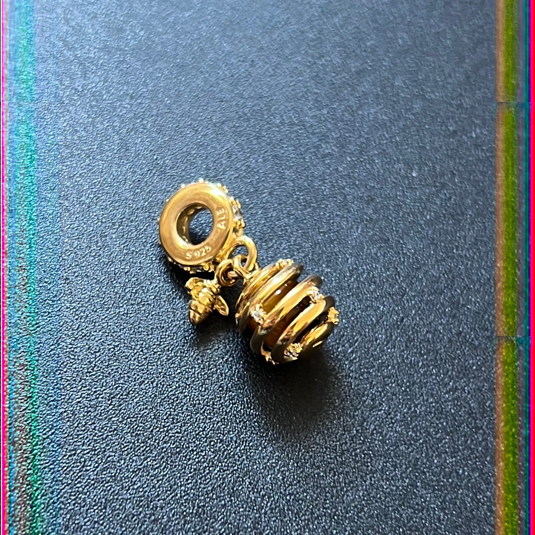 Genuine Pandora Shine Gold Sparkling Beehive Bees and Amber Stone Dangle