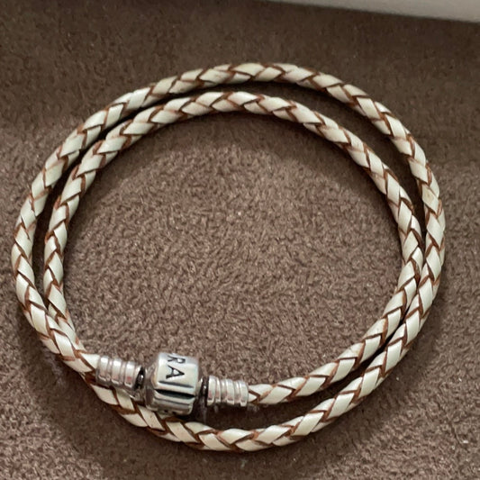 Genuine Pandora Cream and Brown Double Leather Bracelet Size Large