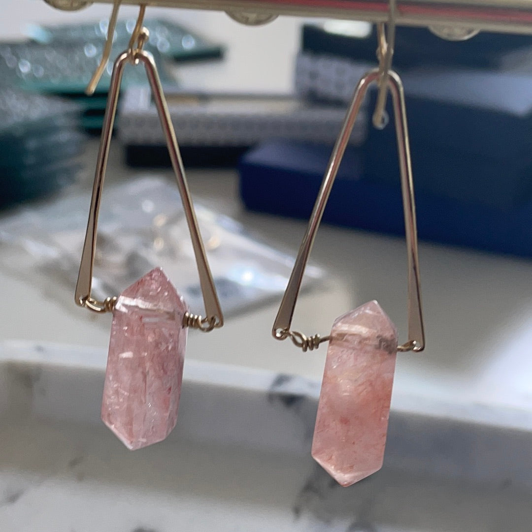 Brand New Rose Quarts Genuine Gemstone Dangle Earrings Large 14kt Gold Plated Brass STUNNING