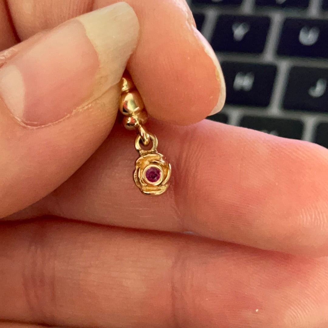 Genuine Pandora Solid 14ct Gold Ruby Rose Bud Dangle SUPER RARE HTF