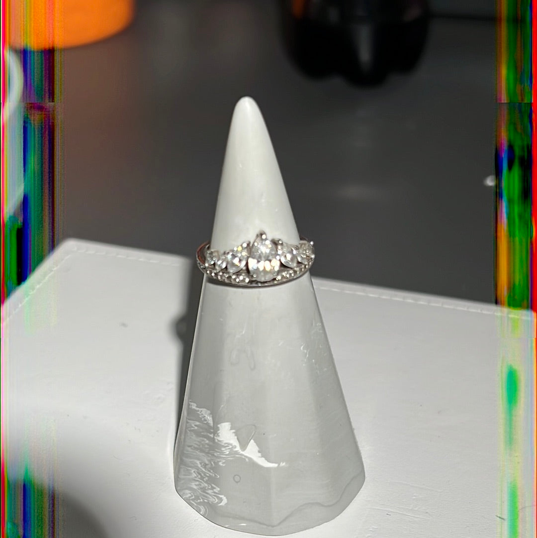 Sterling Silver Pave Line Clear CZ & Marquis Teardrop Stone Ring Size 56